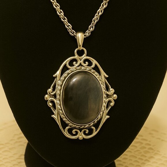 Vintage Sarah Coventry Silver Tone Statement Pendant Necklace Cabachon - Picture 2 of 4